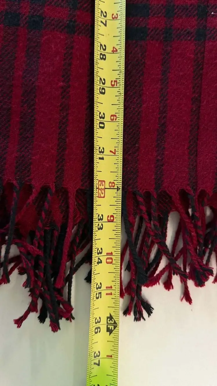 Vintage Red Black Plaid Wool Blend Midi Skirt with Fringe Size 14